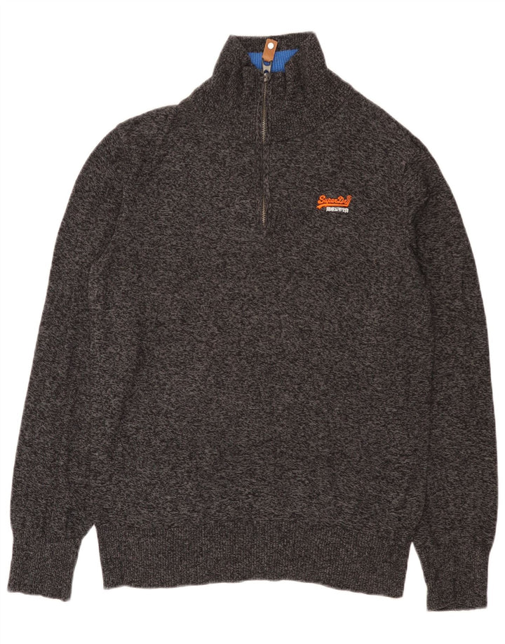 Superdry Herren-Pullover mit Reißverschluss am Hals, große, graumelierte Baumwolle