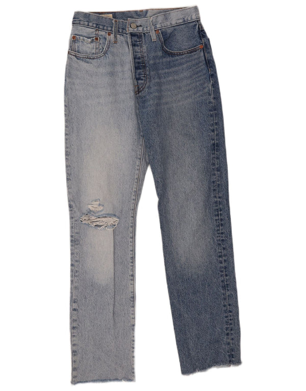 Levi's Damen 501 Distressed Straight Jeans W27 L30 Blaue Colourblock-Baumwolle
