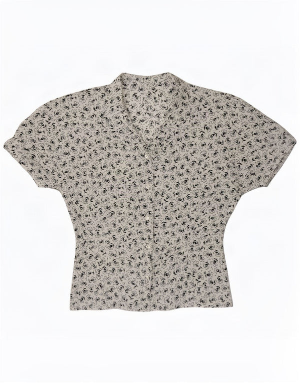 Vintage Damen Kurzarm-Hemdbluse UK 12 Mittelweiß Blumen Retro