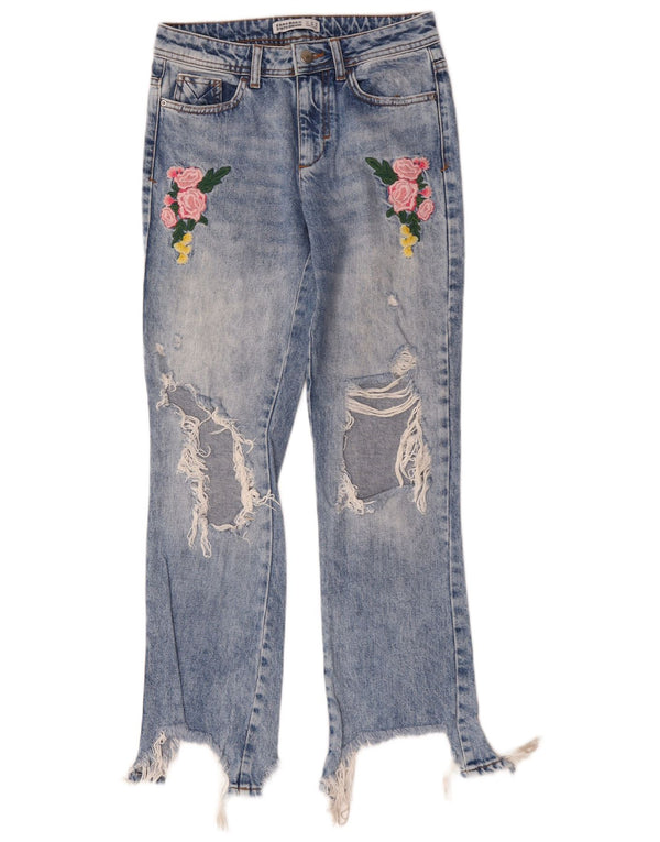 Zara Damen Distressed Straight Jeans EU 34 2XS W24 L29 Blau geblümt