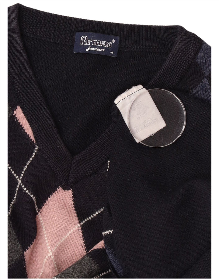 Vintage Herren-Pullover mit V-Ausschnitt, mittelgroß, marineblau, Argyle-/Diamant-Wolle