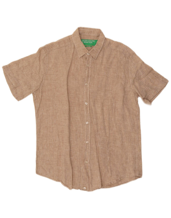Benetton Mens Short Sleeve Shirt Large Beige Linen