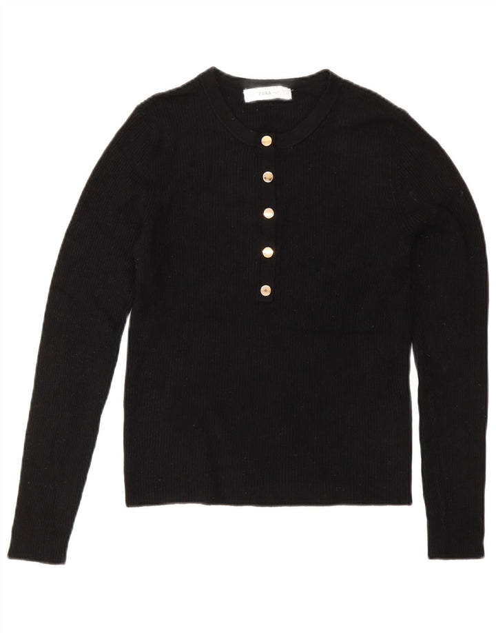 ZARA Damen Crop Button Neck Pullover Pullover UK 12 Mittelschwarze Viskose
