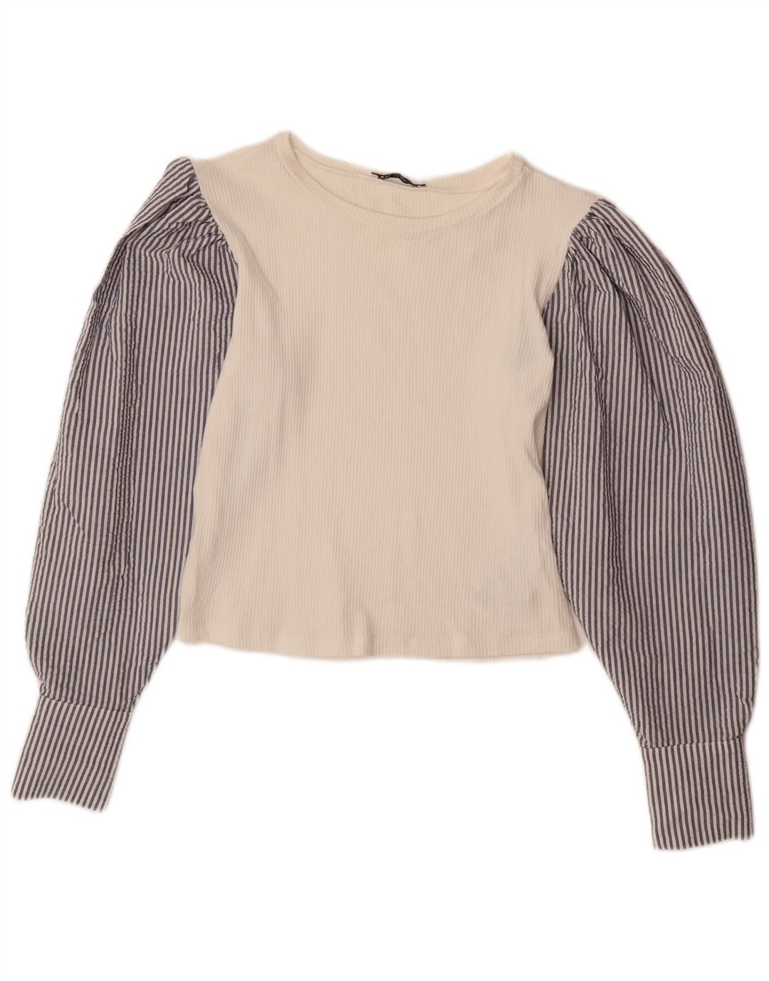 ZARA Damen Crop Langarmbluse Top UK 12 Mittelweiß Nadelstreifen