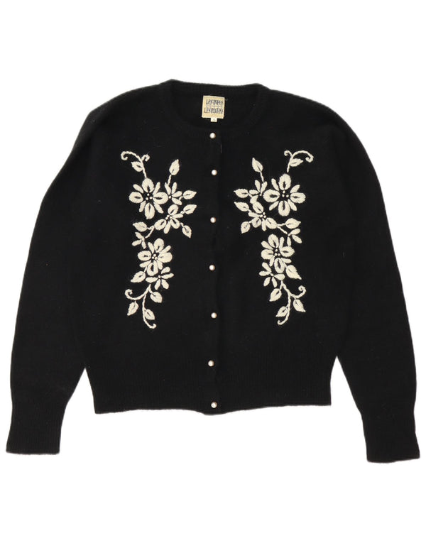 Vintage Damen Oversized Cardigan Pullover UK 10 Small Schwarz Floral