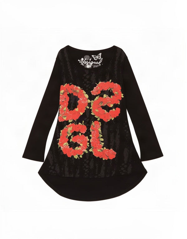 Desigual Damen Grafik-Langarm-A-Linien-Kleid UK 14 Large Black Floral
