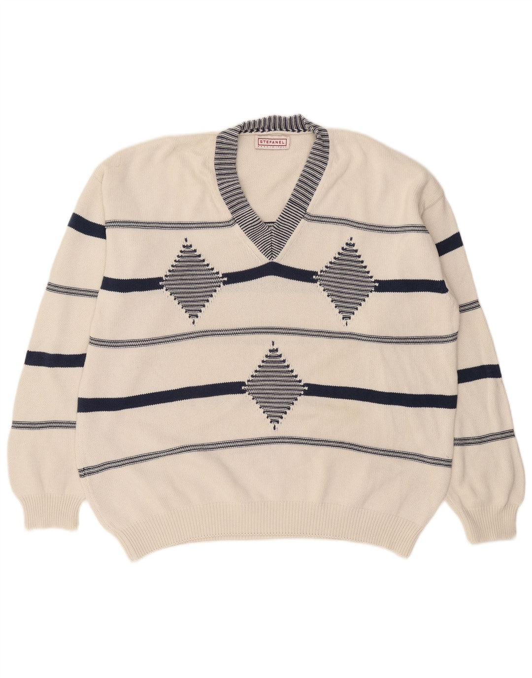 Stefanel Herren-Pullover mit V-Ausschnitt, XL, Weiß, Argyle/Diamant