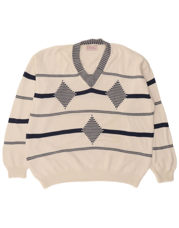 Stefanel Herren-Pullover mit V-Ausschnitt, XL, Weiß, Argyle/Diamant