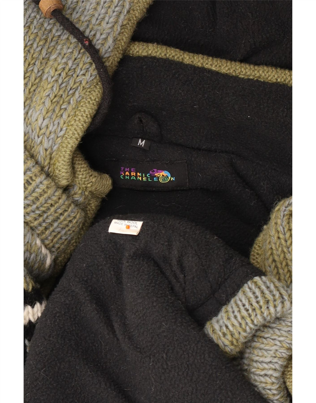 VINTAGE Herren-Strickjacke mit Kapuze, mittlere Khaki-Fair-Isle-Wolle