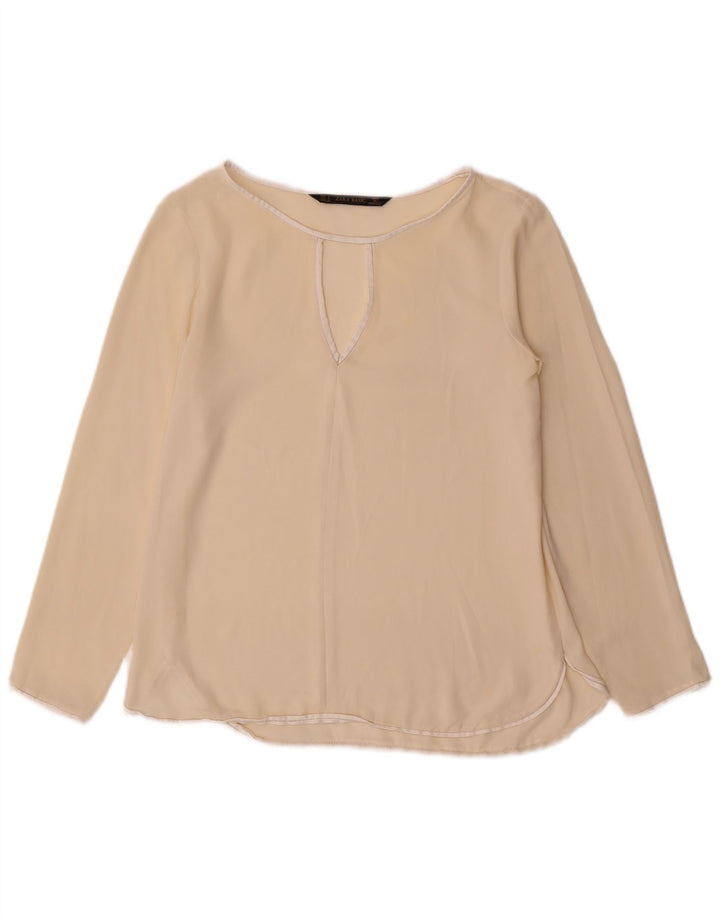 Zara Damen Langarm-Blusenoberteil UK 10 Small Beige