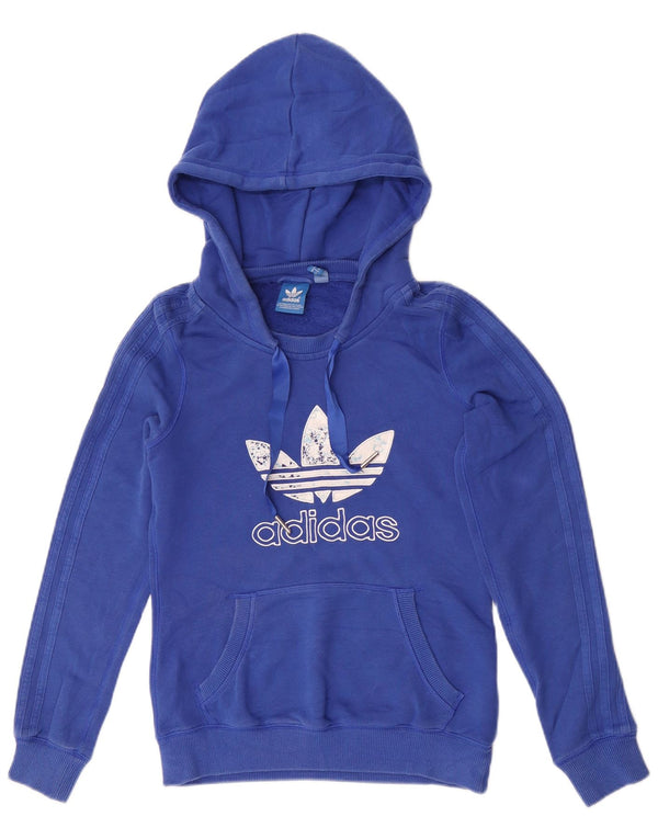 Adidas Damen Graphic Hoodie Pullover UK 6 XS Blaue Baumwolle