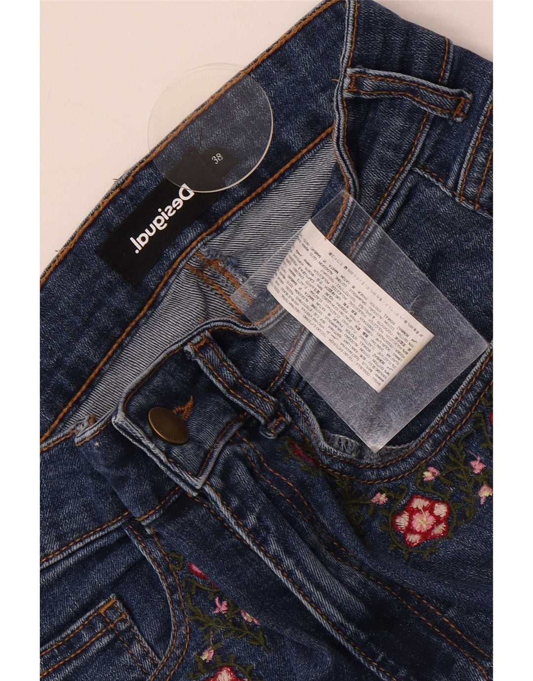 Desigual Damen Bootcut Jeans EU 38 Medium W28 L27 Blau geblümte Baumwolle