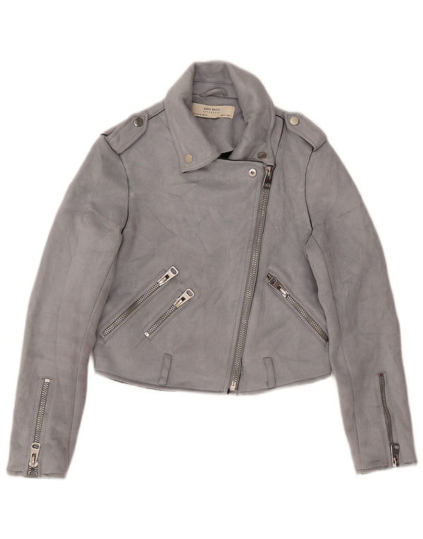 Zara Womens Crop Faux Suede Biker Jacket UK 6 XS Grey