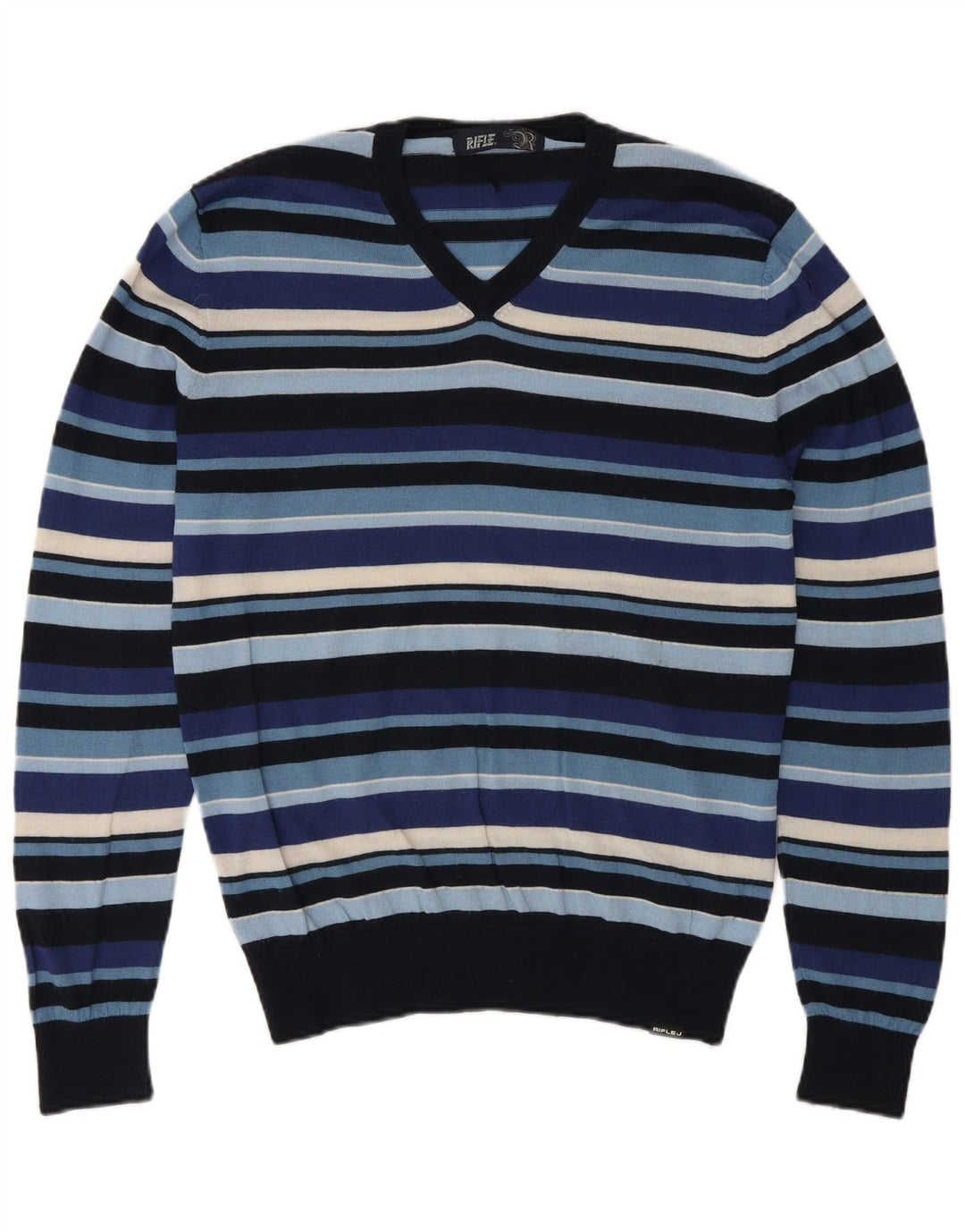 Rifle Herren-Pullover mit V-Ausschnitt aus mittelblauer, gestreifter Wolle