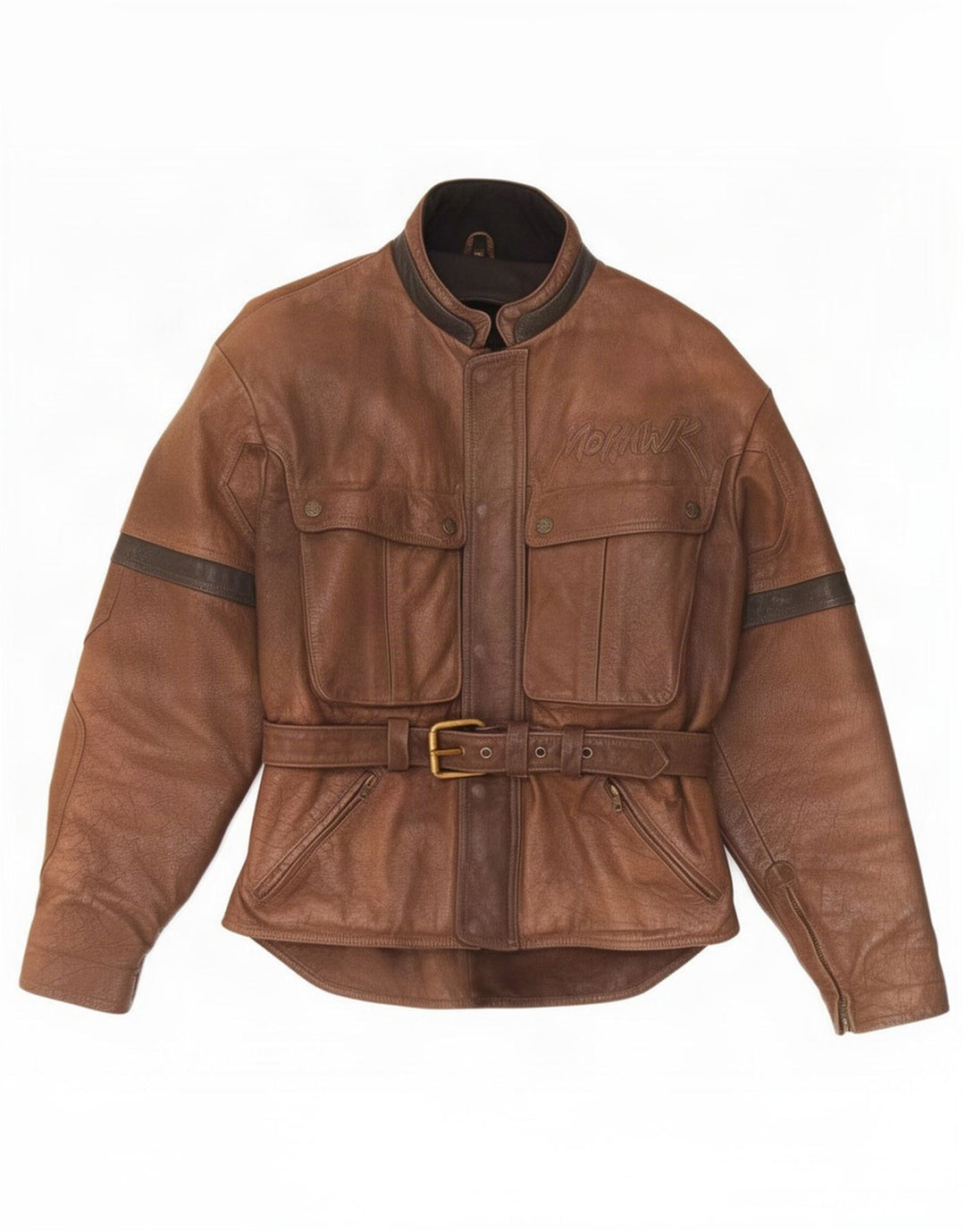 Mohawk Herren-Racerjacke aus grafischem Leder, UK 38, Mittelbraun