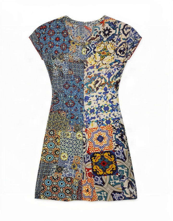 Desigual Damen Grafik-A-Linien-Kleid EU 38 Medium Mehrfarbiges Patchwork