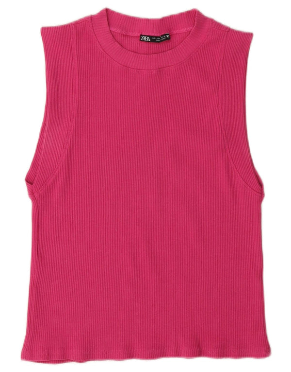 Zara Damen Crop Vest Top UK 14 Large Rosa Baumwolle