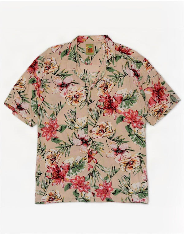 Vintage Herren Kurzarmhemd groß beige floral hawaiianisch