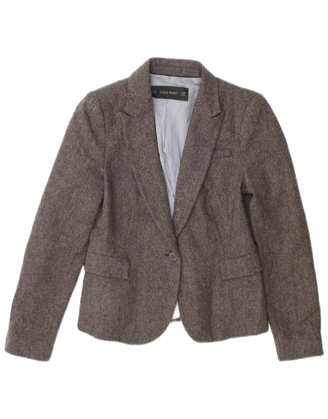 Zara Damen 1-Knopf-Blazerjacke UK 12 Mittelgraues Fischgrätenmuster aus Acetat