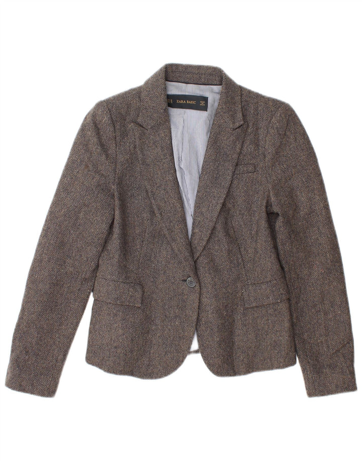 Zara Damen 1-Knopf-Blazerjacke UK 12 Mittelgraues Fischgrätenmuster aus Acetat