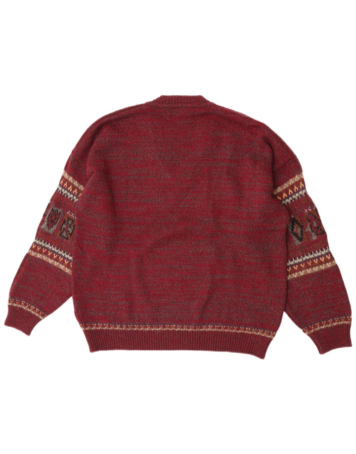 Fiume Herren-Pullover mit V-Ausschnitt, groß, Burgunderrot, Fair-Isle-Wolle