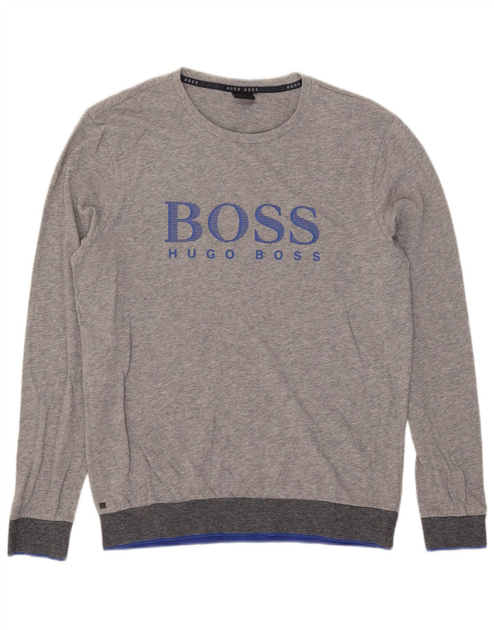 Hugo Boss Herren-Oberteil mit Grafik, langärmelig, mittelgrau gesprenkelte Baumwolle
