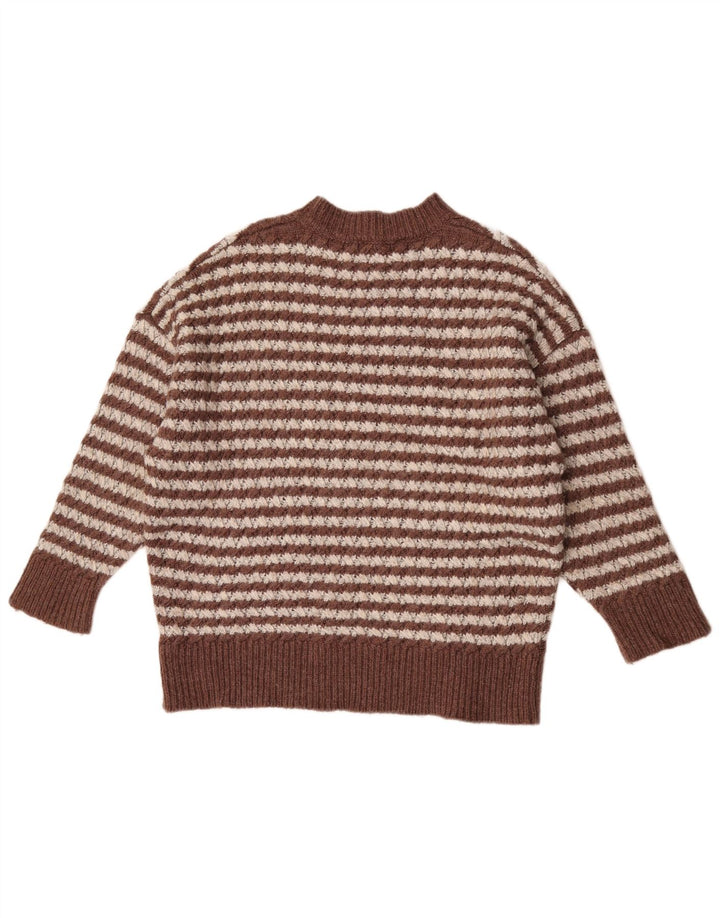 Zara Damen-Pullover mit Rundhalsausschnitt, UK 14, mittelbraun gestreift aus Nylon