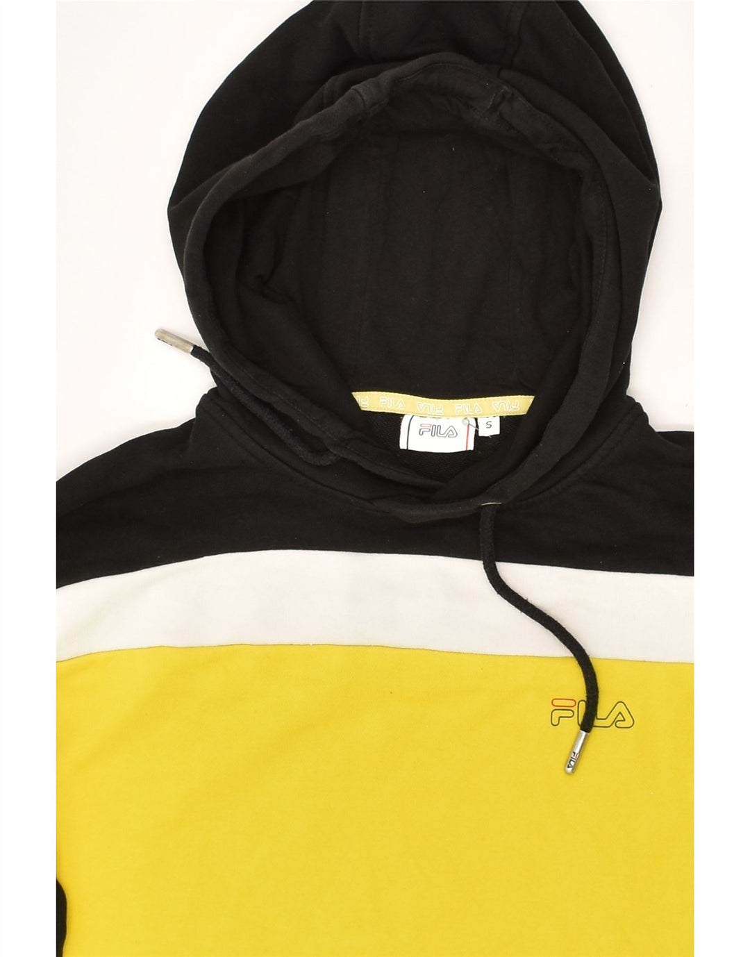 FILA Mens Graphic Hoodie Jumper Small Yellow Colourblock Cotton | Vintage Fila | Thrift | Second-Hand Fila | Used Clothing | Messina Hembry 