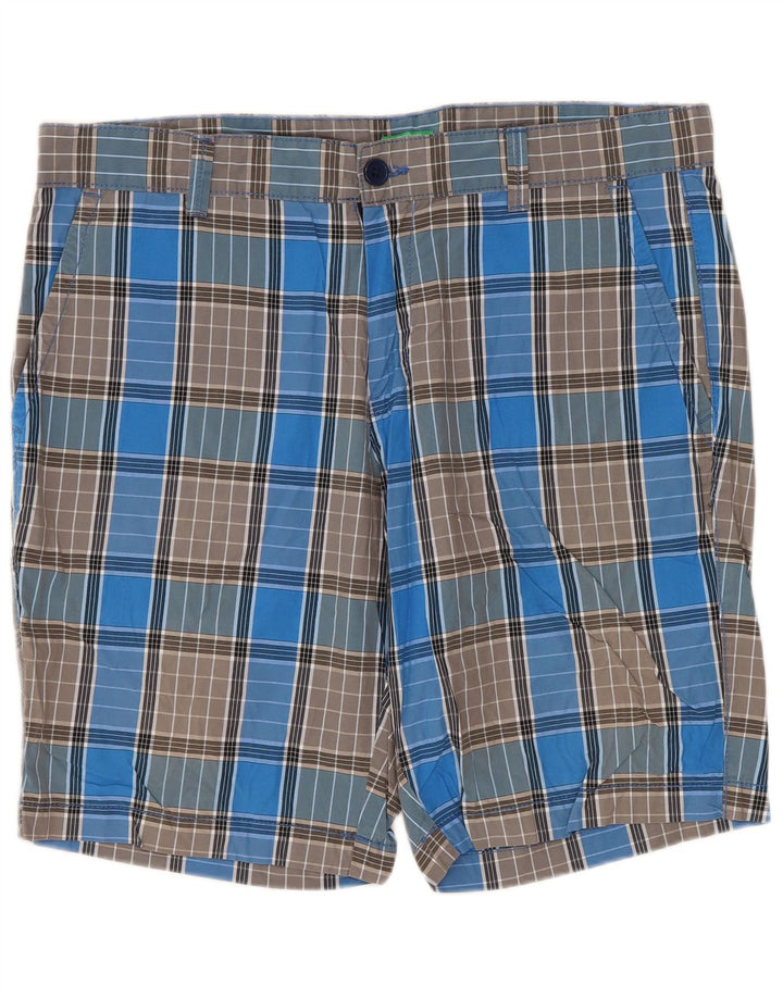 BENETTON Herren-Chinoshorts W34, groß, blau kariert, Baumwolle