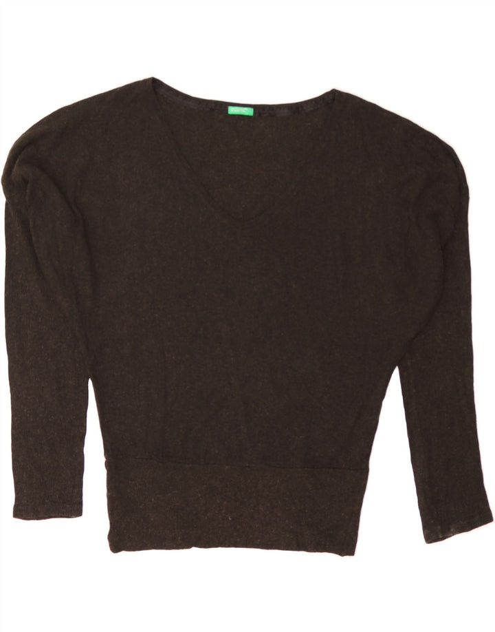 BENETTON Womens V-Neck Jumper Sweater UK 14 Large Grey Wool Vintage Benetton and Second-Hand Benetton from Messina Hembry 