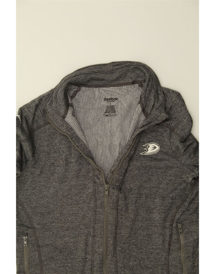 REEBOK Womens Graphic Tracksuit Top Jacket UK 14 Large Grey Flecked Vintage Reebok and Second-Hand Reebok from Messina Hembry 