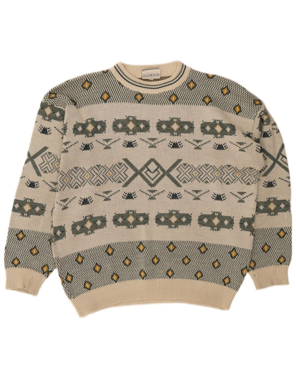 Vintage Herren-Pullover mit Rundhalsausschnitt, groß, cremefarben, Farbblock-Retro