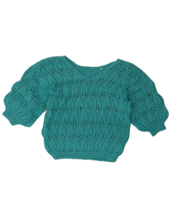 Vintage Damen Crop 3/4 Ärmel V-Ausschnitt Pullover Pullover UK 14 Large Grün