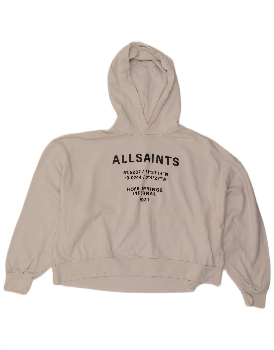 All Saints Damen-Kapuzenpullover, übergroß, bauchfrei, mit Grafik, UK 14, Mittelweiß