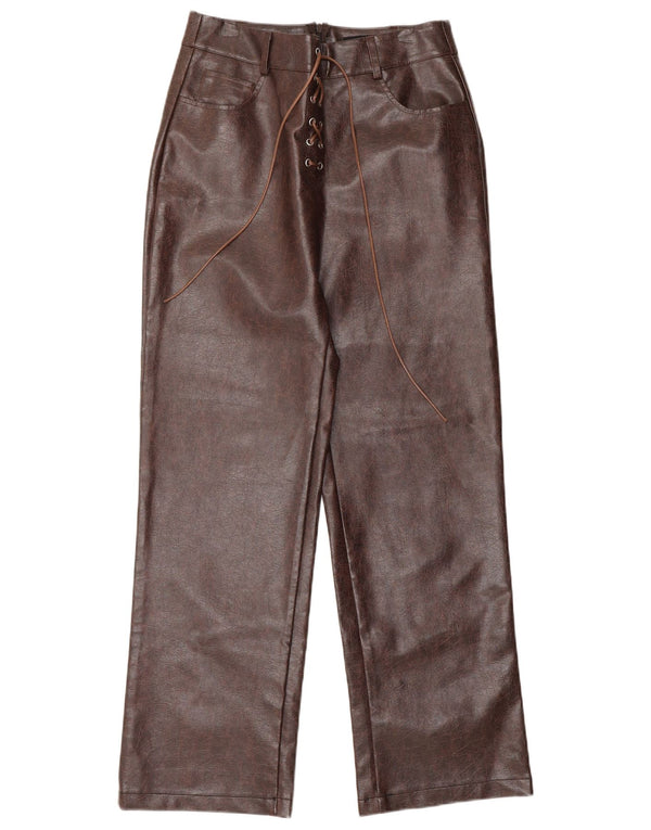 VINTAGE Womens Straight Faux Leather Trousers UK 8 Small W25 L28 Brown