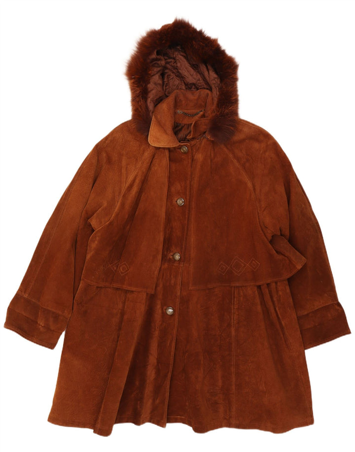 Vintage Damen Übergroßer Kapuzen-Wildledermantel IT 44 Mittelbraunes Leder