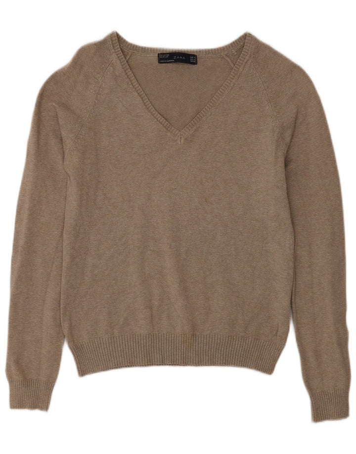 Zara Damen-Pullover mit V-Ausschnitt, UK 12, mittelgraue Baumwolle