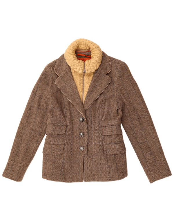 Superdry Damen-Blazerjacke mit 3 Knöpfen, UK 14, Größe L, graue Wolle mit Fischgrätenmuster