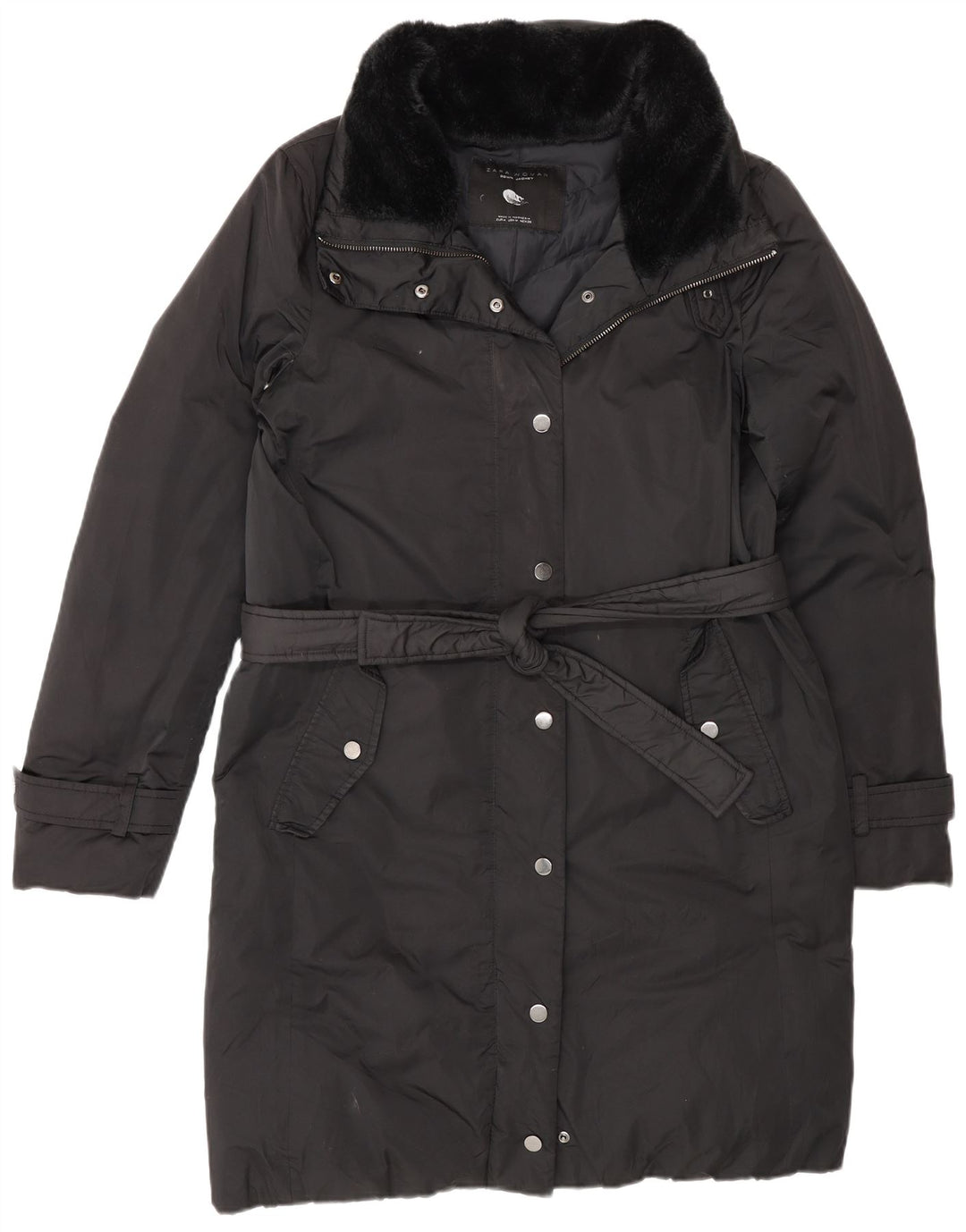 Zara Damen Wattierter Mantel UK 14 Mittelschwarzes Colourblock-Polyester
