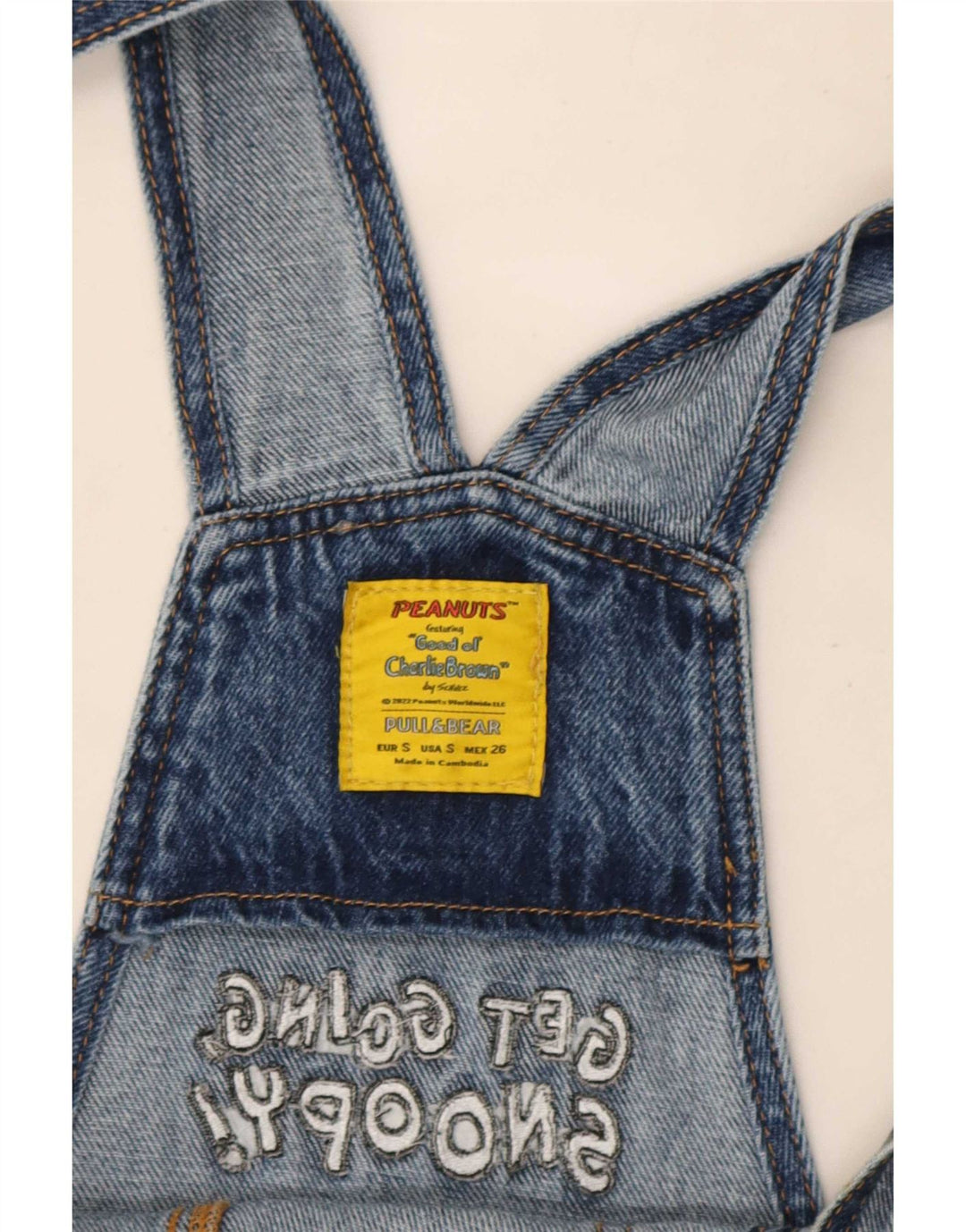 Pull & Bear Damen-Latzhose, gerade Jeans mit Grafik, Größe S, W26, L30, Blau