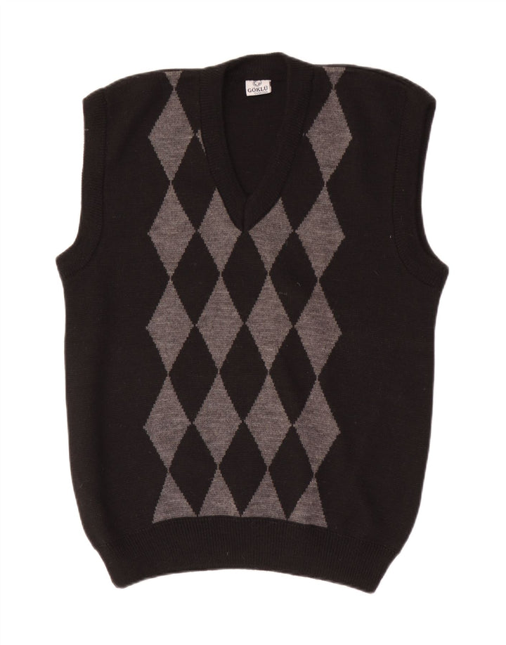Vintage Herren Weste Tank Top Klein Schwarz Argyle/Diamant