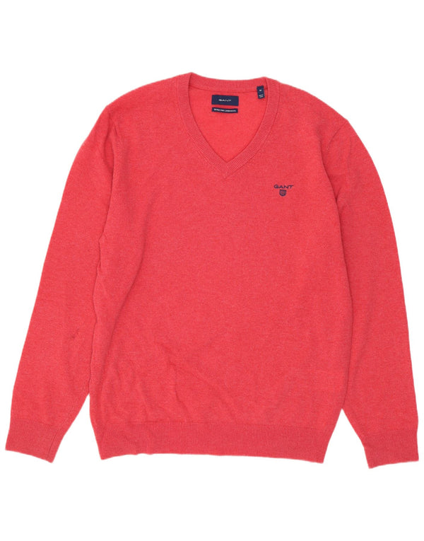 Gant Mens V-Neck Jumper Sweater Medium Pink Lambswool