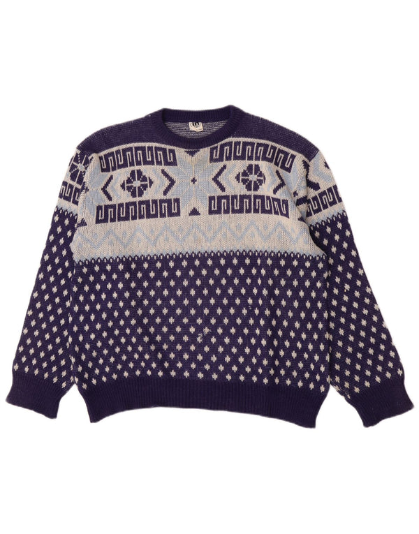 Vintage Mens Crew Neck Jumper Sweater Medium Navy Blue Geometric