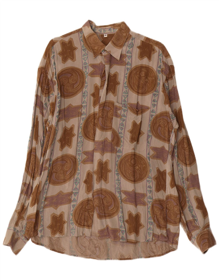 Vintage Herren-Hemd mit abstraktem Muster, mittelbraune Viskose