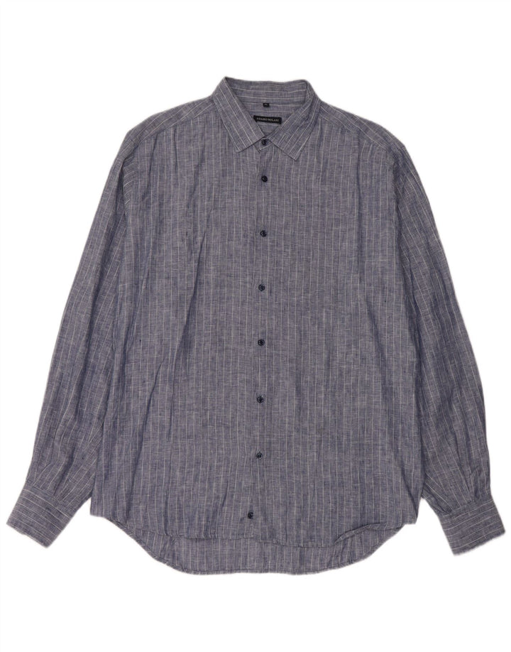 VINTAGE Herrenhemd XL Blaues Nadelstreifen-Leinen