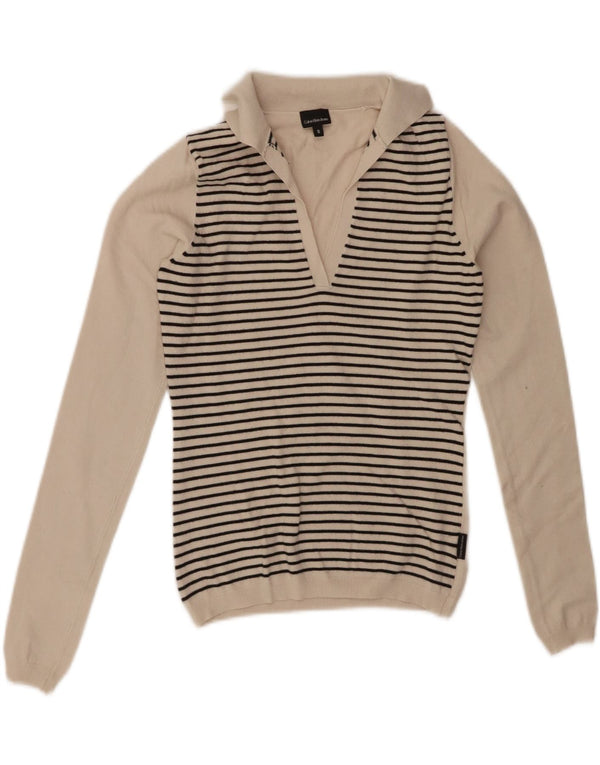 CALVIN KLEIN JEANS Womens Polo Neck Jumper Sweater UK 10 Small Off White
