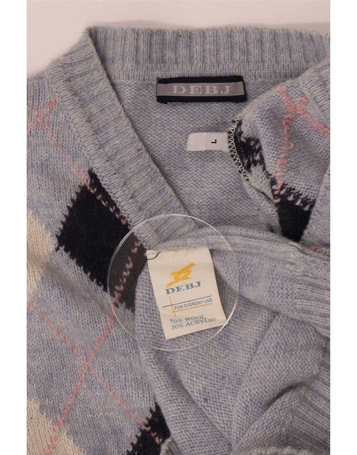 Vintage Herren V-Ausschnitt Pullover Pullover Große blaue Argyle/Diamond Wolle