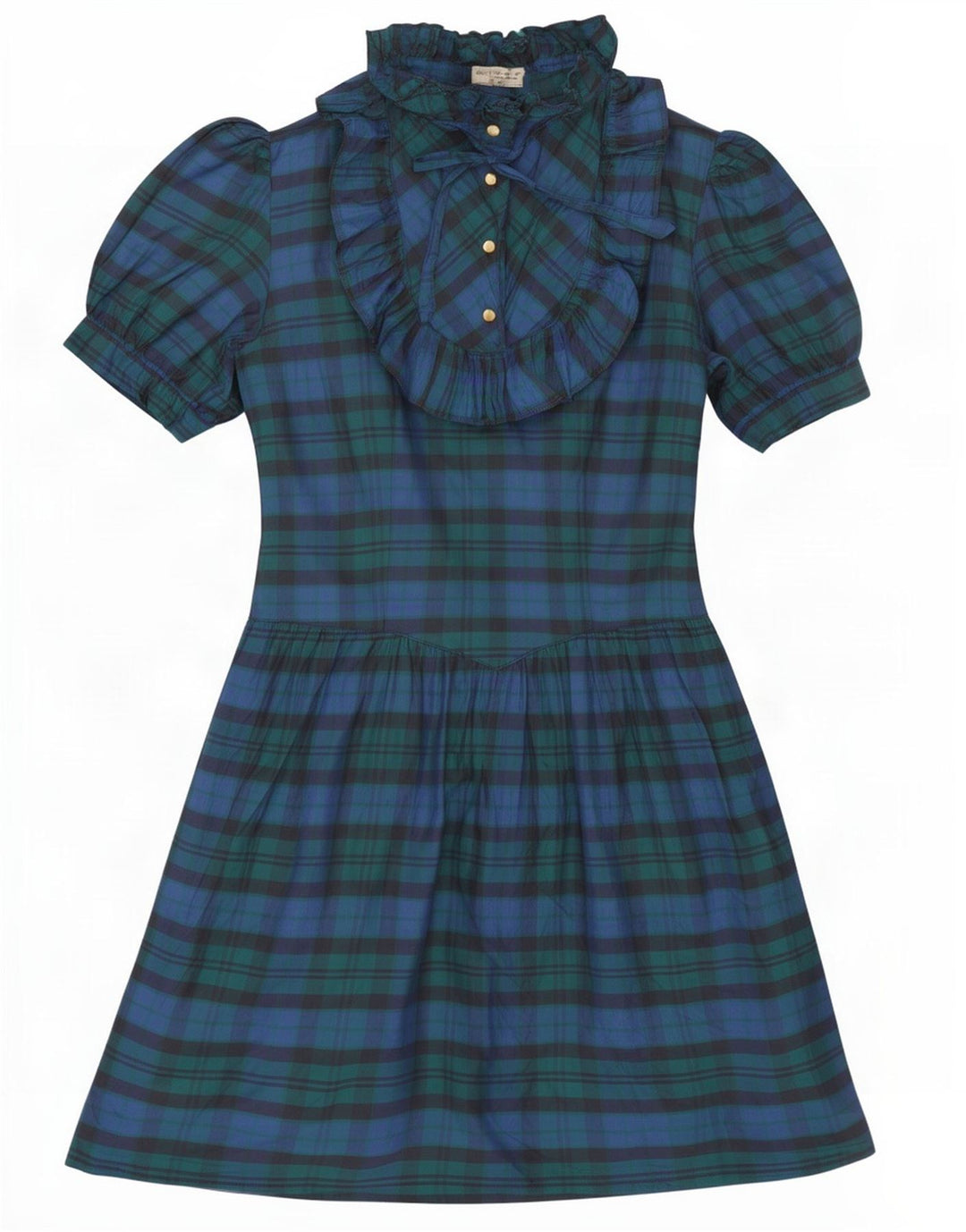 Vintage Damen A-Linien-Kleid mit Rüschen vorne, Größe 42, mittelmarineblau, kariert, Seide