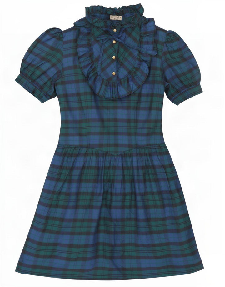 Vintage Damen A-Linien-Kleid mit Rüschen vorne, Größe 42, mittelmarineblau, kariert, Seide