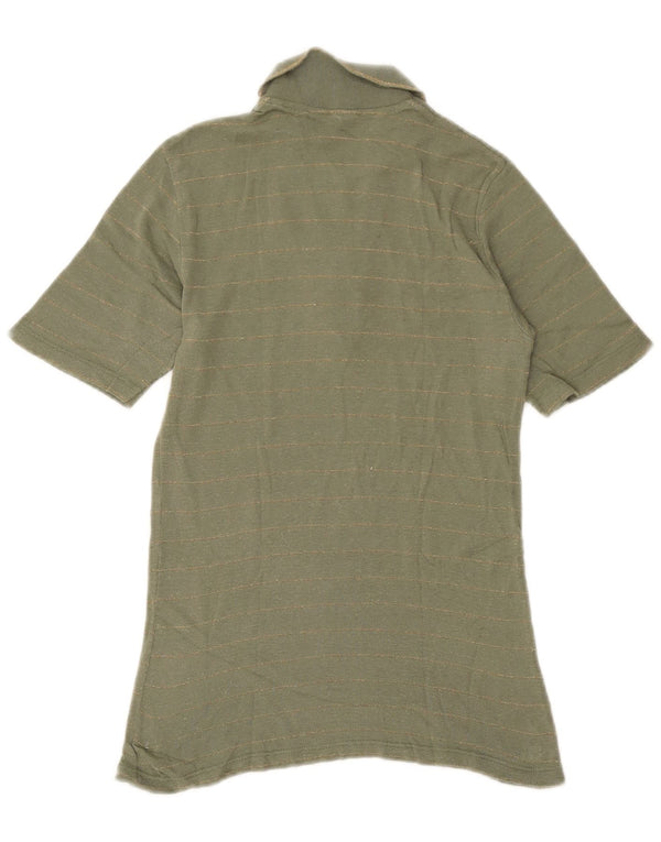 Vintage Damen Poloshirt UK 12 Medium Khaki Gestreifte Baumwolle